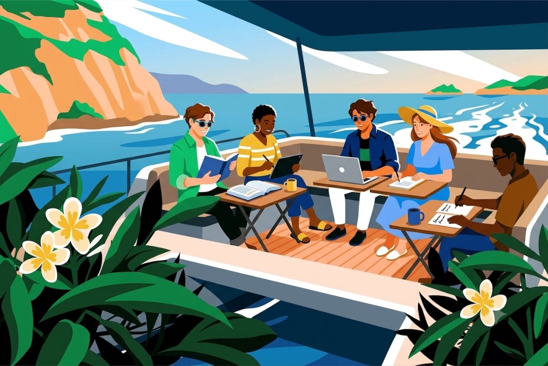 Participantes construyendo con laptops en la cubierta del catamarán