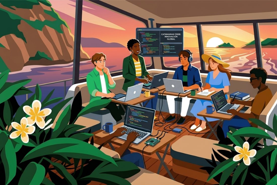 Equipo programando con laptops a bordo, con una pantalla de código al fondo